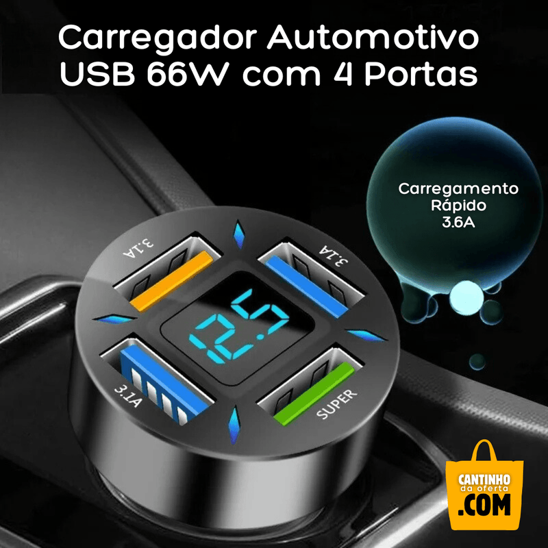 Carregador Automotivo USB 66W com 4 Portas